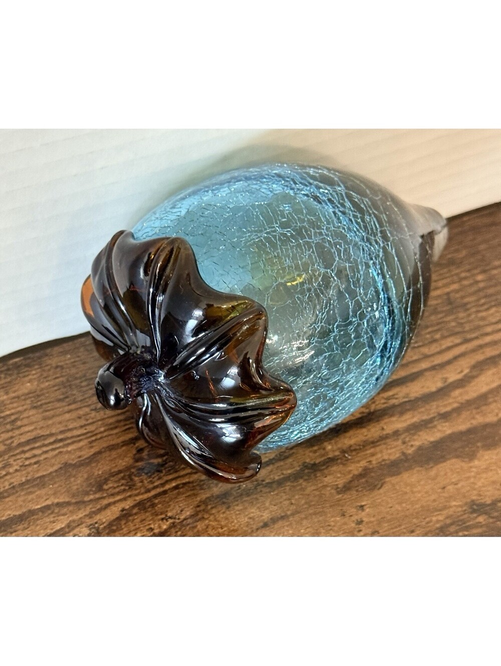 Pier 1 Art Glass Acorn Paperweight Amber Yellow Brown Hand Blown Crackle